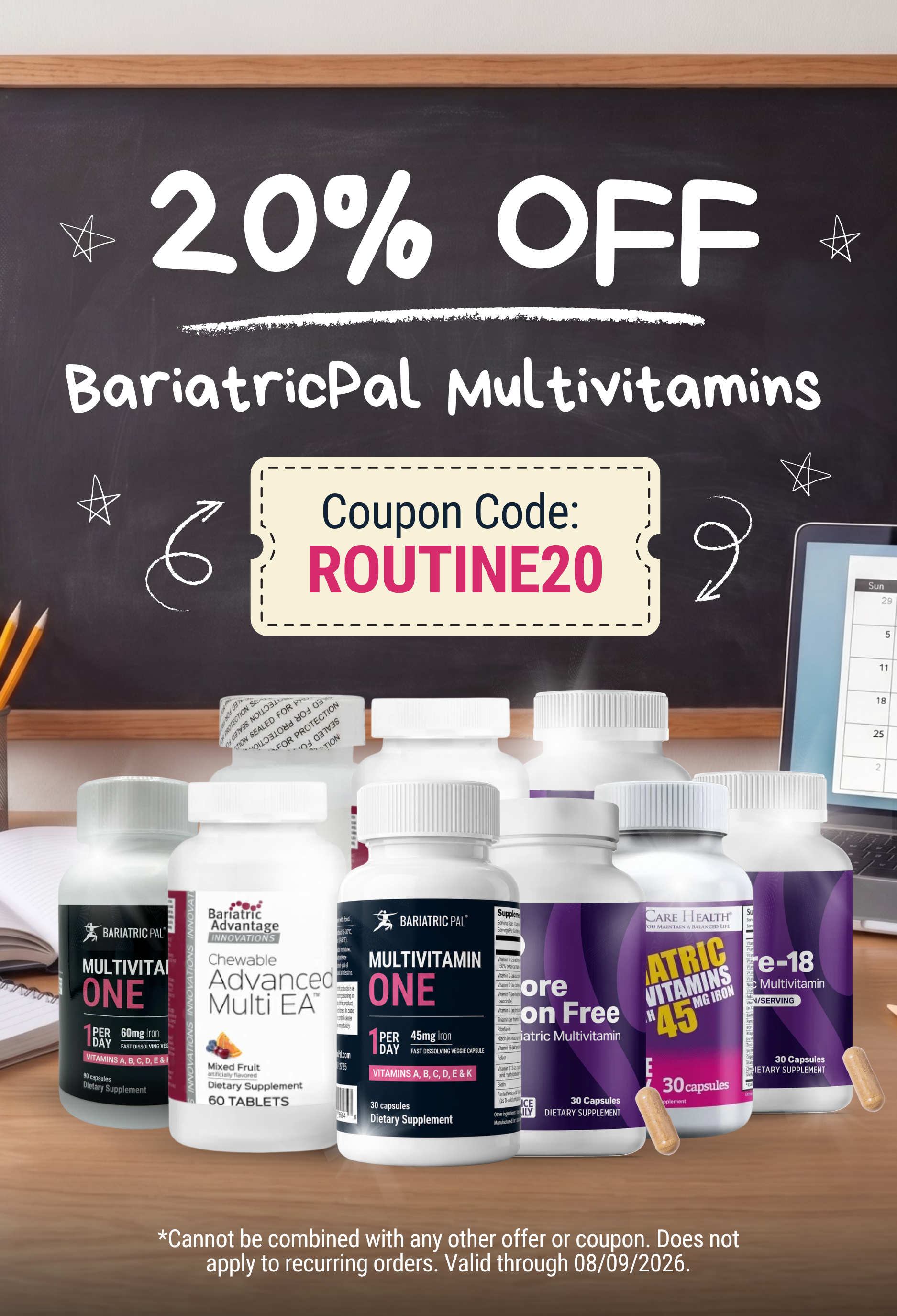 A chalkboard displays "20% OFF BariatricPal Multivitamins" with a coupon code, surrounded by various multivitamin bottles on a wooden table, indicating a promotional offer.