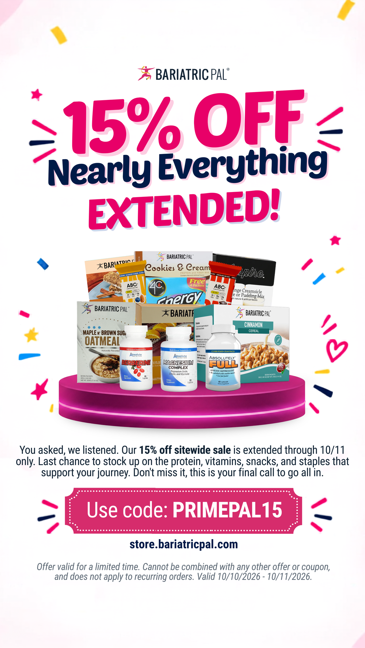 A promotional graphic for Bariatric Pal features various health products on a display, announcing a 15% off sale extended through October 11, with a call to use the code PRIMEPAL15.