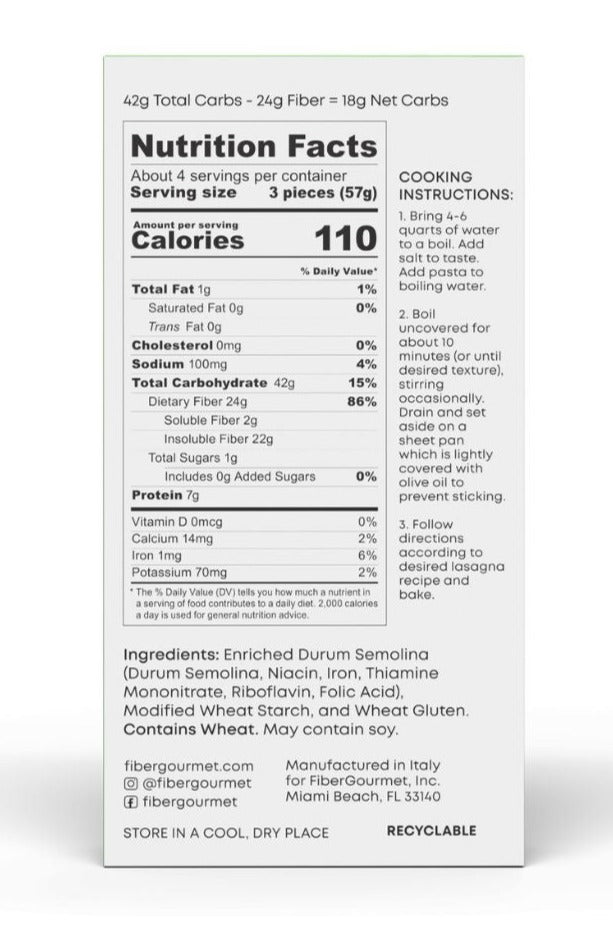 Fiber Gourmet Light Pasta - Lasagna - High-quality Pasta by Fiber Gourmet at BariatricPal Store