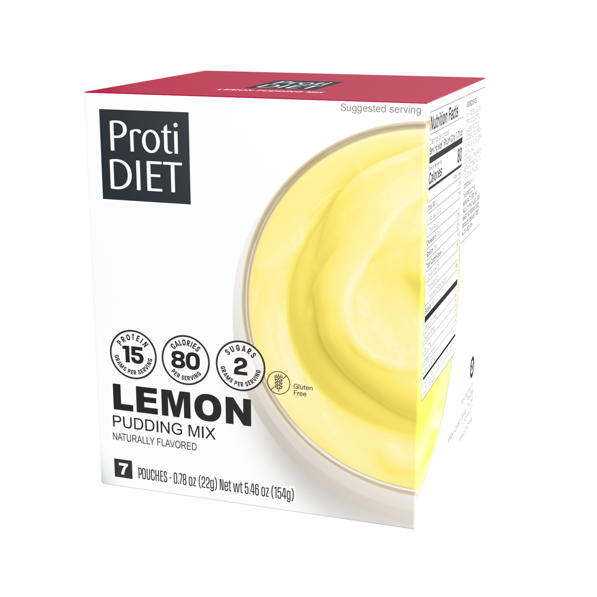 A box of ProtiDIET lemon pudding mix displays a creamy yellow pudding in a bowl on the front, highlighting its nutritional benefits, including 15 grams of protein and gluten-free labeling.