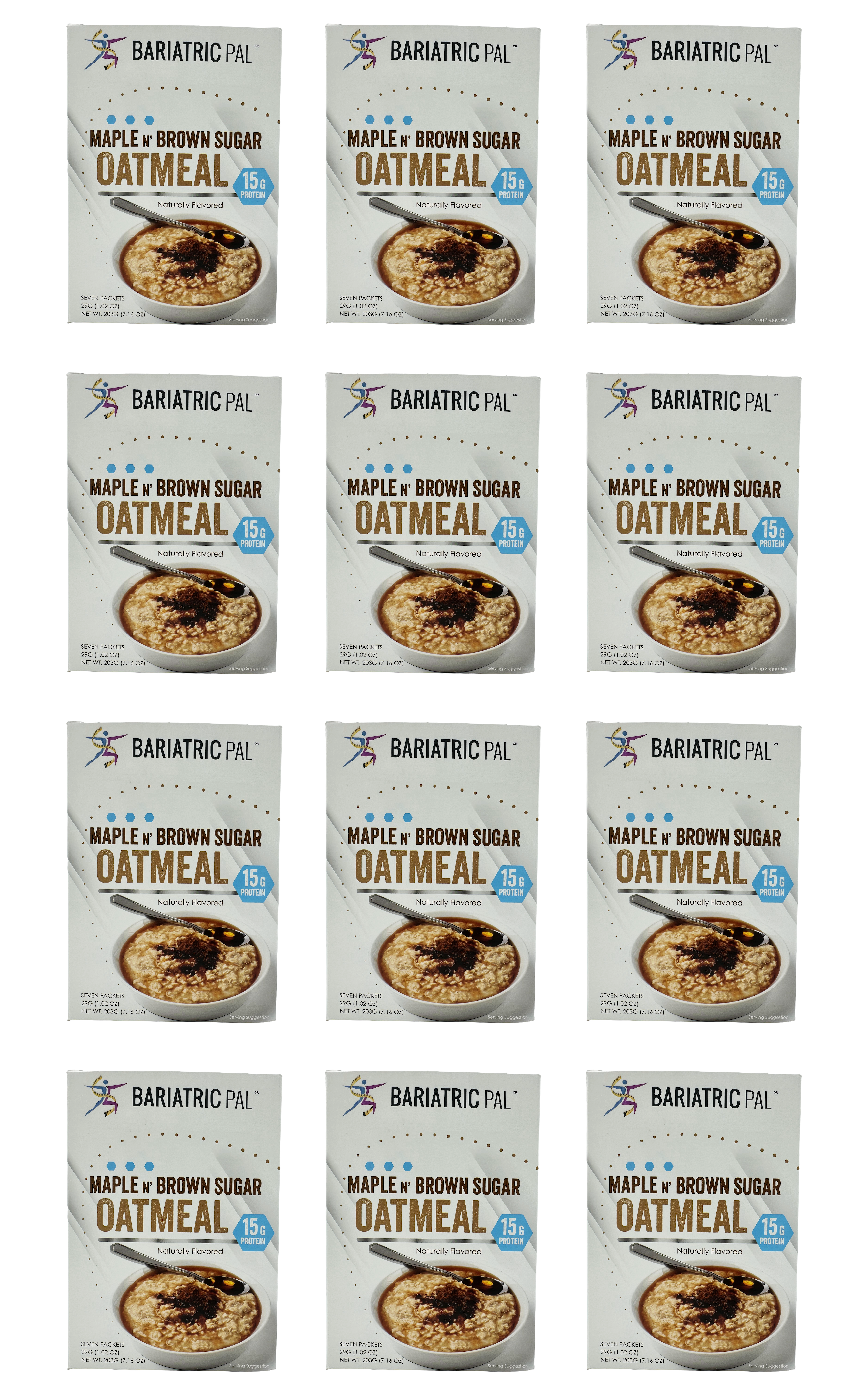 Twelve packages of Bariatric Pal Maple n' Brown Sugar Oatmeal are arranged in a grid, each featuring a bowl of oatmeal topped with syrup and a spoon, highlighting its 15 grams of protein.