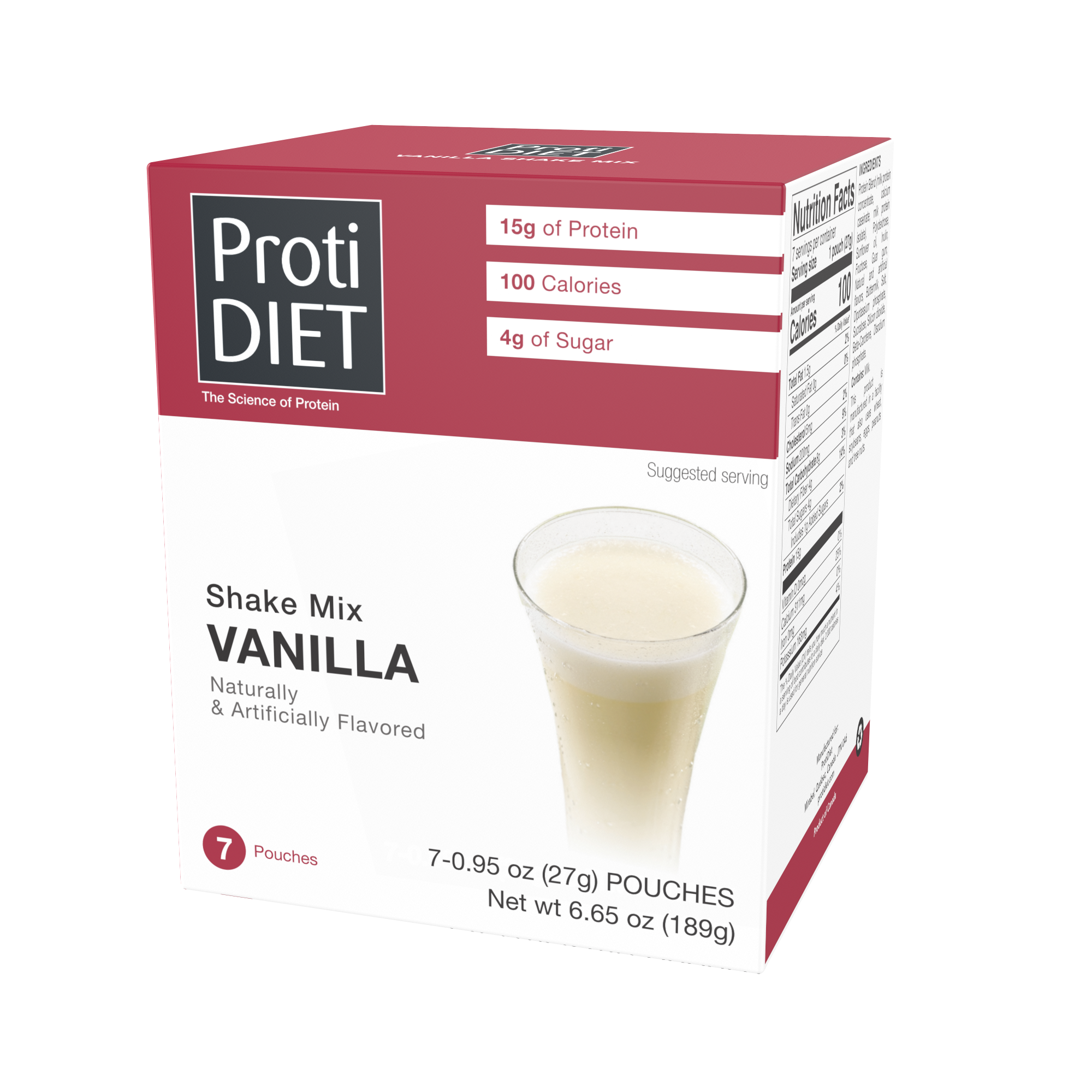 A box of ProtiDiet Vanilla Shake Mix displays nutritional information, featuring a glass of creamy vanilla shake, with details about protein content, calories, and sugar.