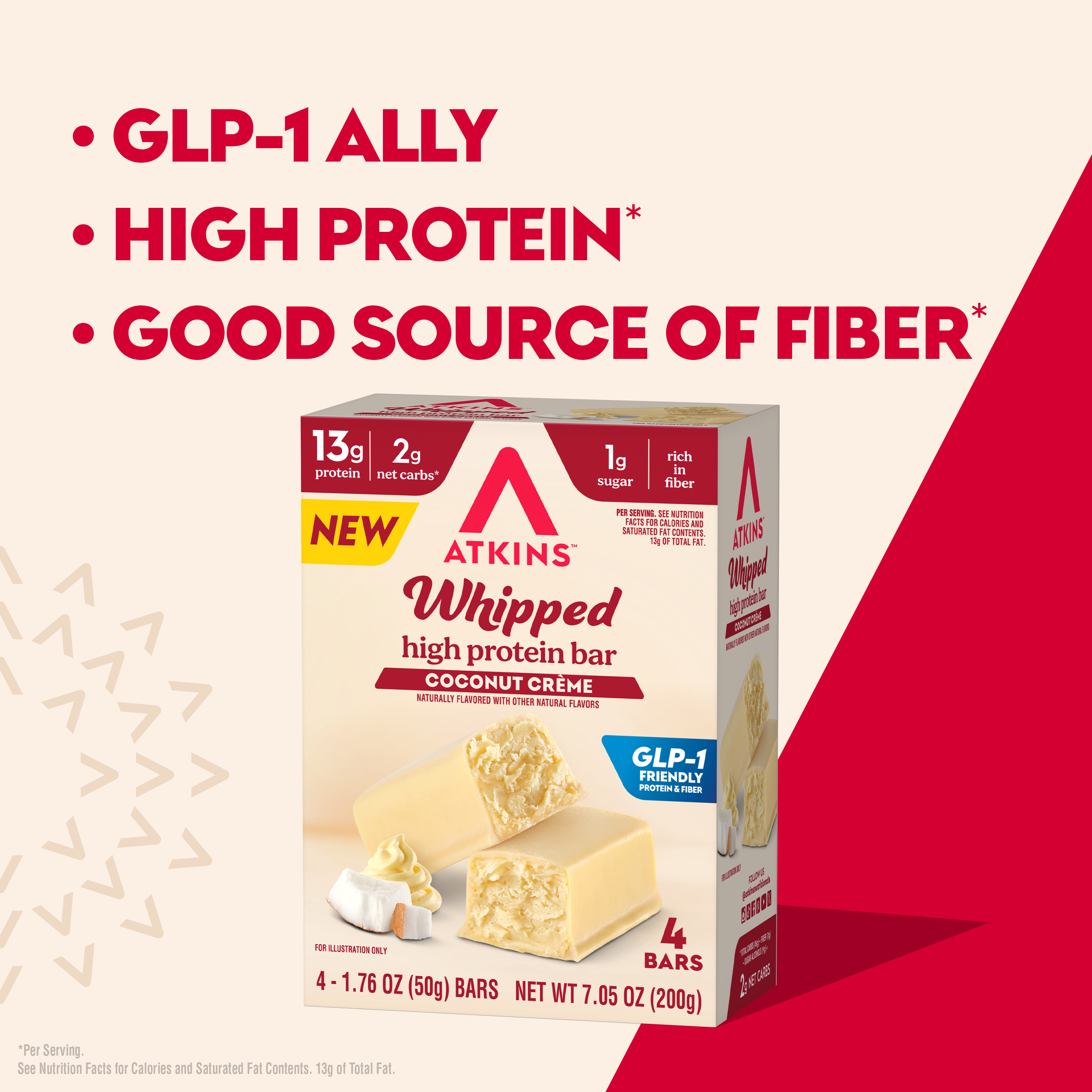 A box of Atkins Whipped high protein bars in Coconut Crème flavor is displayed, featuring nutritional highlights like 13g protein, 2g net carbs, and 1g sugar, with a bar partially visible beside it.