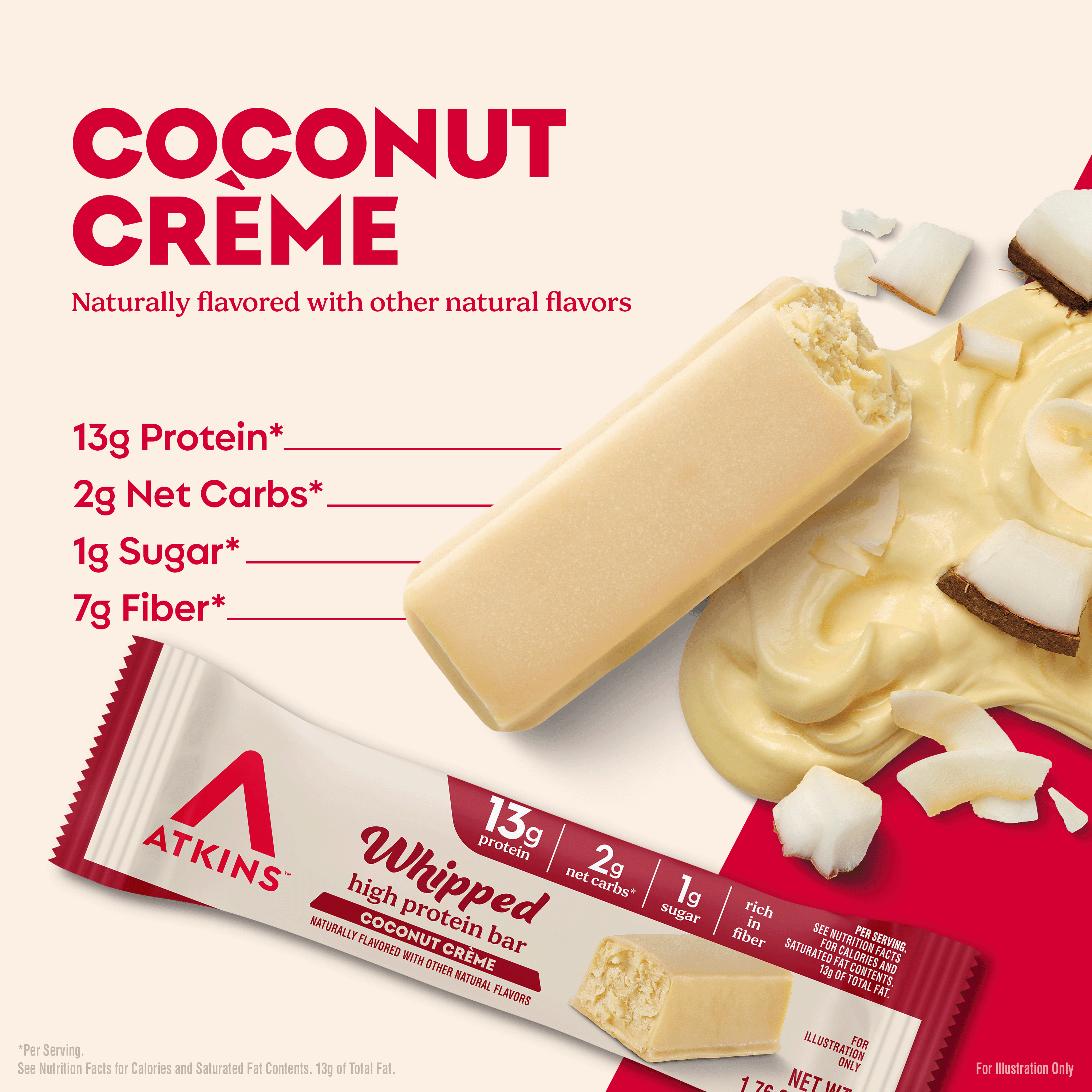 A coconut crème protein bar is displayed next to a creamy coconut sauce, with nutritional information highlighting 13g protein, 2g net carbs, 1g sugar, and 7g fiber, all on a light background.