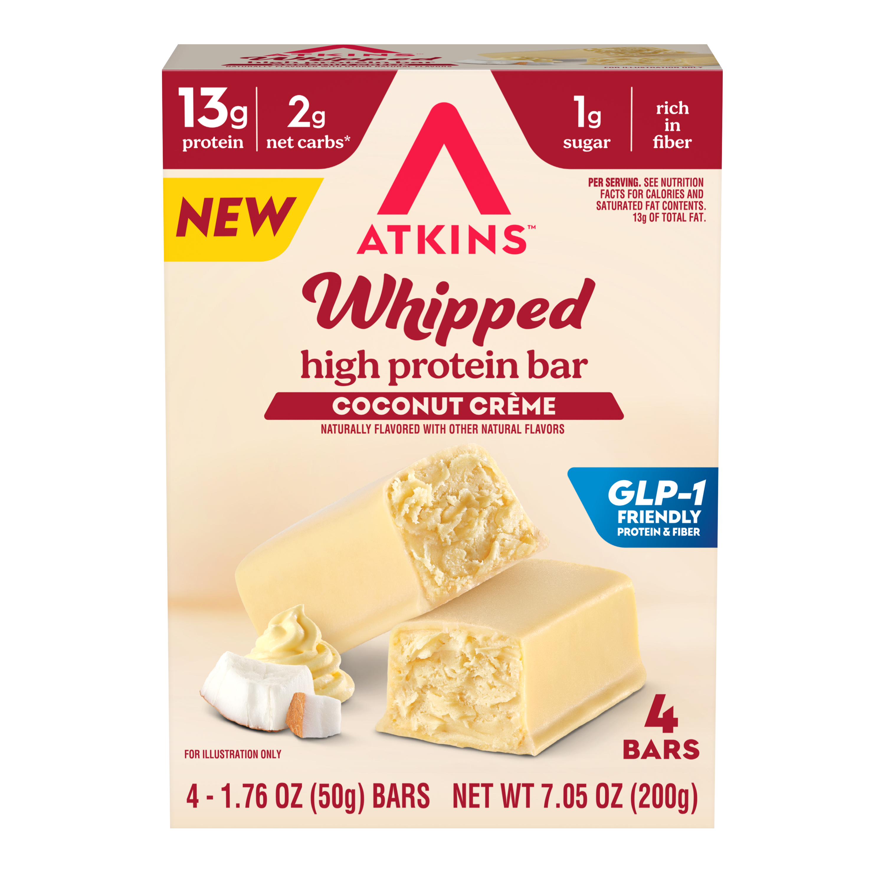 A box of Atkins Whipped high protein bars in Coconut Crème flavor, featuring two bars partially unwrapped, with nutritional highlights including 13g protein, 2g net carbs, and 1g sugar, labeled as GLP-1 friendly.
