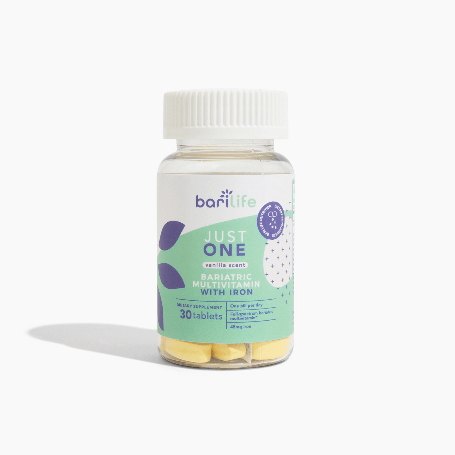 A clear bottle of bariatric multivitamin tablets with a white cap, labeled "Just One" in green and purple, contains yellow tablets and is designed for dietary supplementation with iron.