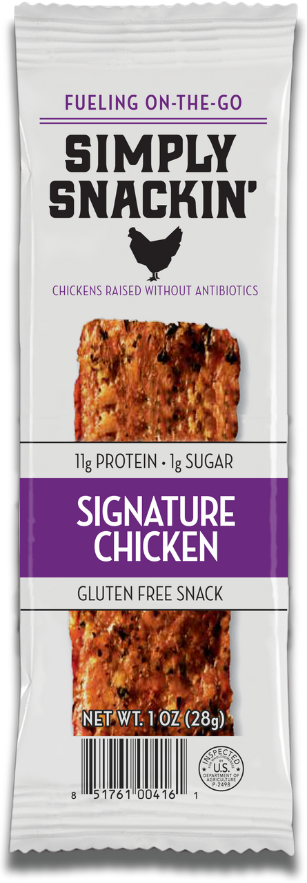 A packaged snack featuring a protein-rich, gluten-free chicken bar labeled "Simply Snackin' Signature Chicken," highlighting its antibiotic-free ingredients and nutritional information.