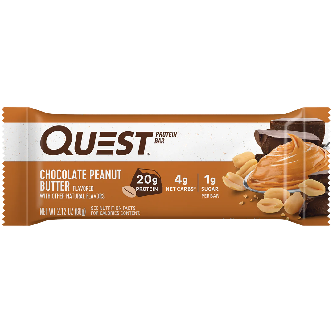 A Quest protein bar in chocolate peanut butter flavor is displayed, featuring nutritional information highlighting 20g of protein, 4g of net carbs, and 1g of sugar per bar, alongside chocolate and peanut butter imagery.