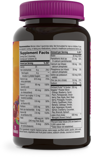A purple-lidded bottle of women's gummy vitamins displays a colorful label with fruit graphics and detailed supplement facts on the side, indicating serving size and nutritional information.