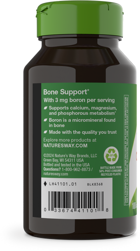 A dark brown bottle with a green cap labeled "Bone Support," highlighting its benefits for calcium, magnesium, and phosphorus metabolism, and featuring product information and a recycling symbol on the back.