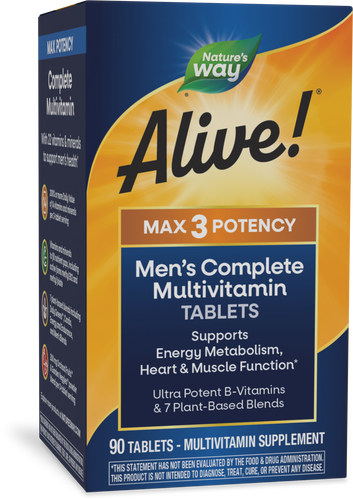 A brightly colored box of Nature's Way Alive! Max 3 Potency Men's Complete Multivitamin Tablets, highlighting benefits for energy metabolism, heart, and muscle function, with 90 tablets inside.