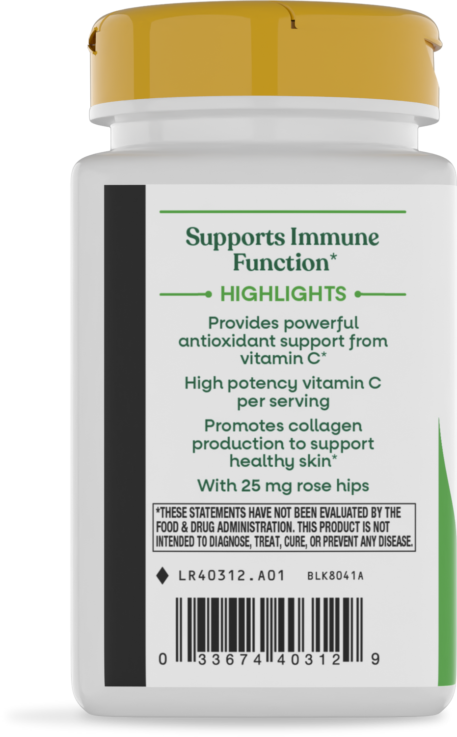 A white supplement bottle with a yellow cap displays text highlighting its benefits for immune function, including high potency vitamin C and rose hips for healthy skin support.