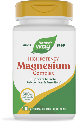 A white bottle of Nature's Way High Potency Magnesium Complex dietary supplement, featuring a yellow cap, labeled with 500 mg per serving, and stating it supports muscle relaxation and function.