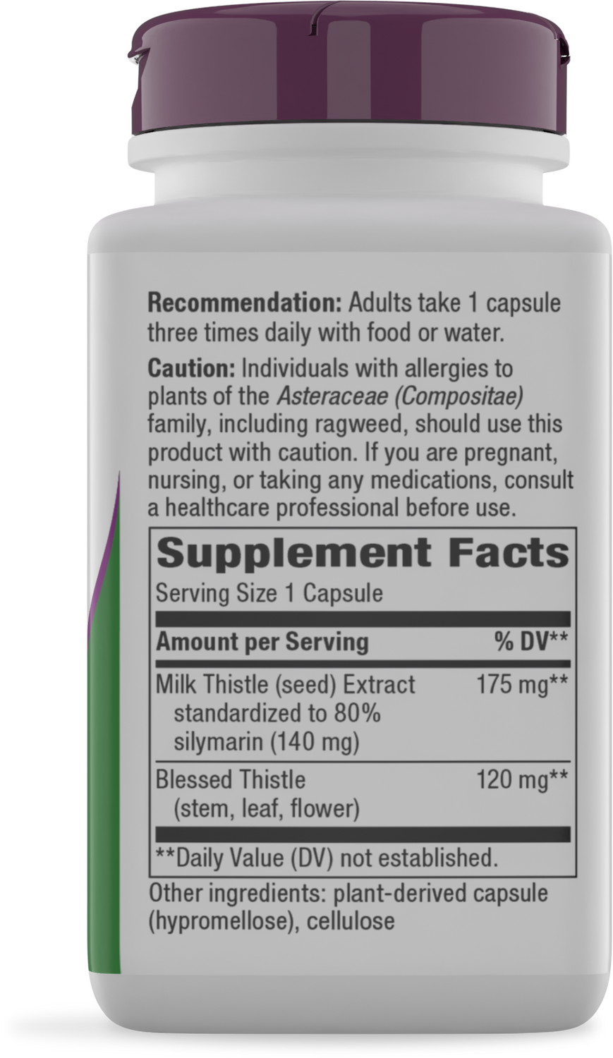 A white supplement bottle with a purple cap displays detailed supplement facts, including ingredients like Milk Thistle and Blessed Thistle, along with usage recommendations and cautionary notes.
