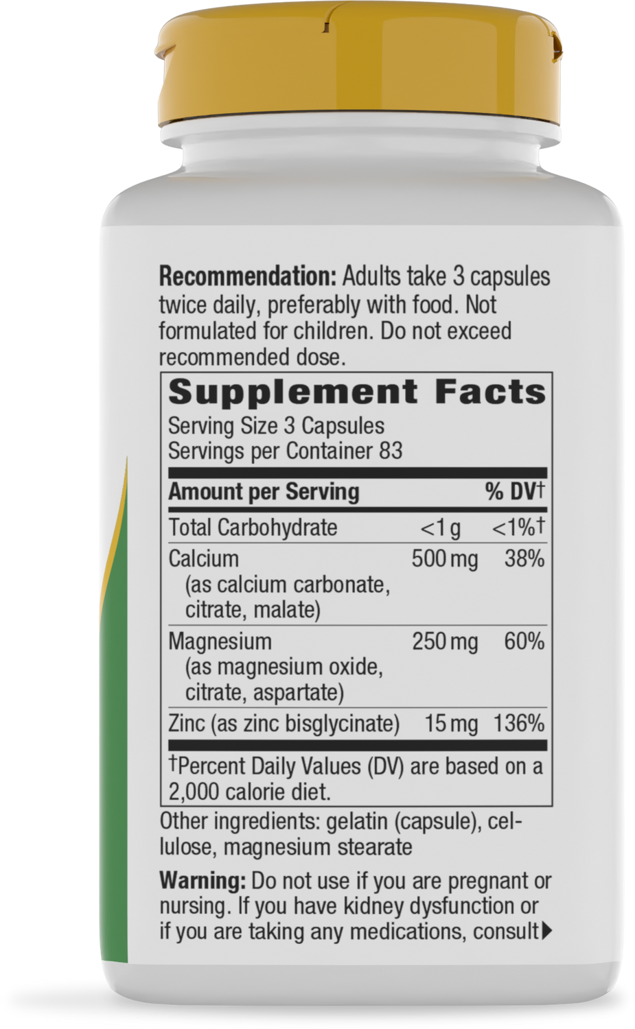 A white supplement bottle with a yellow cap displays nutrition facts, including calcium, magnesium, and zinc content, along with usage recommendations and warnings for adults.