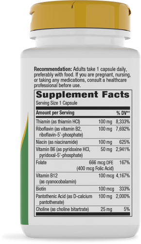 A white supplement bottle with a yellow cap displays detailed supplement facts, including vitamins and their amounts per serving, alongside usage recommendations for adults.