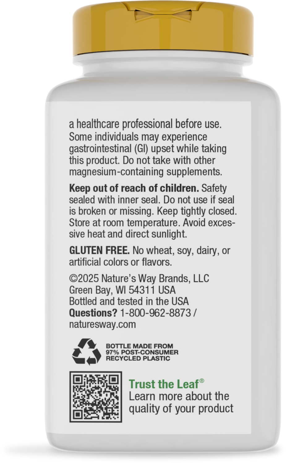 A white bottle with a gold cap contains product information, including usage warnings, storage instructions, and a note that it is gluten-free, with a QR code for more details.