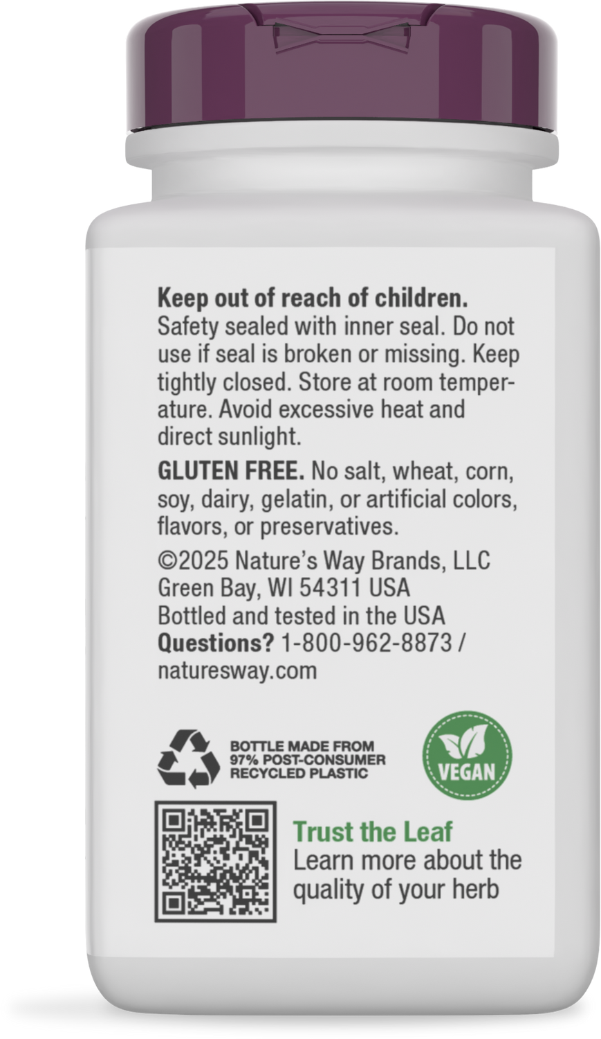 A white supplement bottle with a purple cap displays safety instructions, gluten-free information, and recycling details, featuring a QR code and the "Trust the Leaf" slogan for quality assurance.