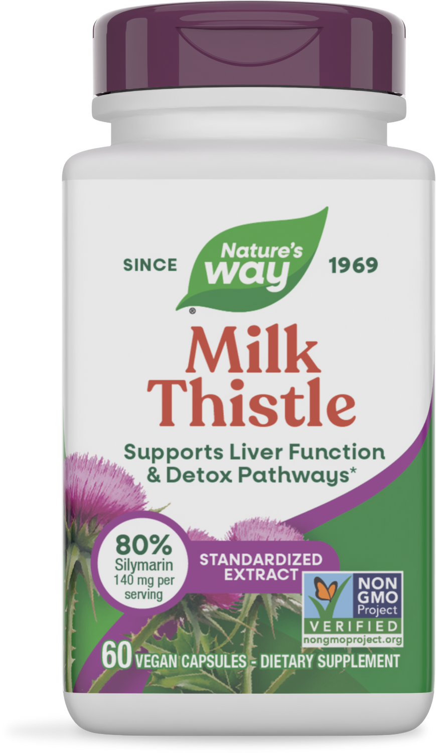 A white bottle of Nature's Way Milk Thistle dietary supplement, featuring purple accents, highlights its benefits for liver function and detox pathways, with details about silymarin content and vegan capsules.