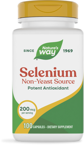 A white bottle with a yellow cap contains 100 capsules of Selenium, labeled as a non-yeast source and potent antioxidant, with a serving size of 200 mcg and the brand name "Nature's Way" prominently displayed.