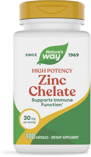 A white bottle of Nature's Way High Potency Zinc Chelate dietary supplement, featuring a yellow cap, labeled with "30 mg per serving" and "100 capsules," promotes immune support.