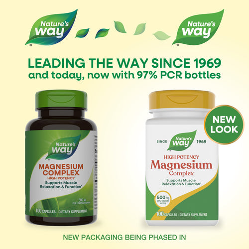 Two bottles of Nature's Way Magnesium Complex dietary supplement are displayed, one in a dark bottle and the other in a white bottle, highlighting the new packaging and eco-friendly features.