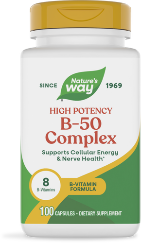 A white bottle of Nature's Way High Potency B-50 Complex dietary supplement, featuring a yellow cap, labeled with benefits for cellular energy and nerve health, containing 100 capsules.