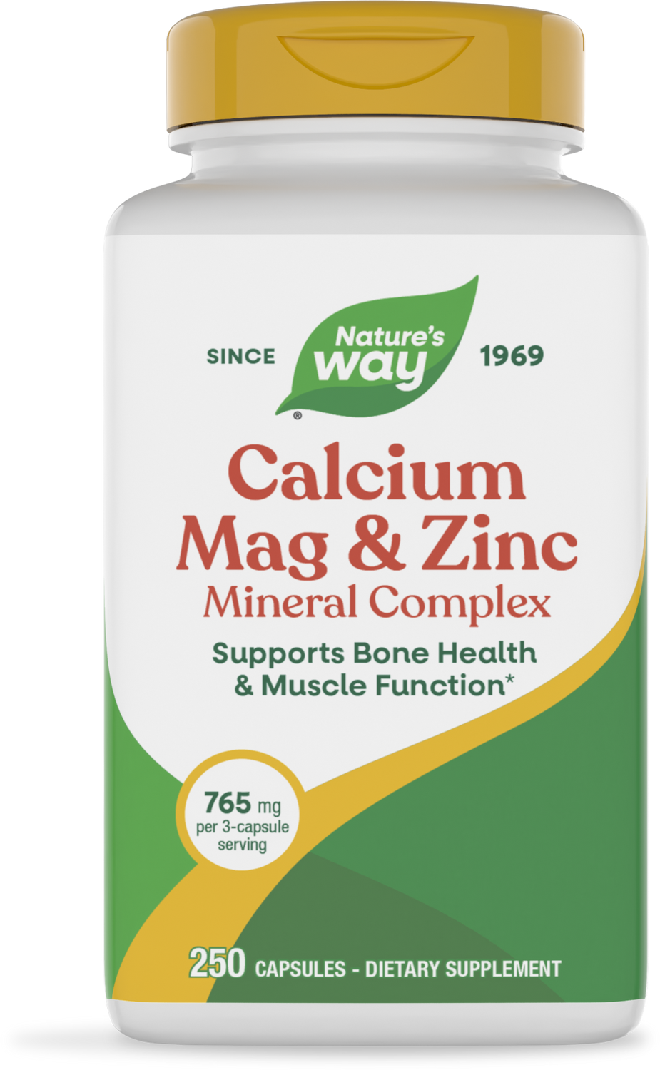 A white bottle of Nature's Way Calcium, Magnesium, and Zinc Mineral Complex with a yellow cap, featuring text that highlights its benefits for bone health and muscle function, contains 250 capsules.