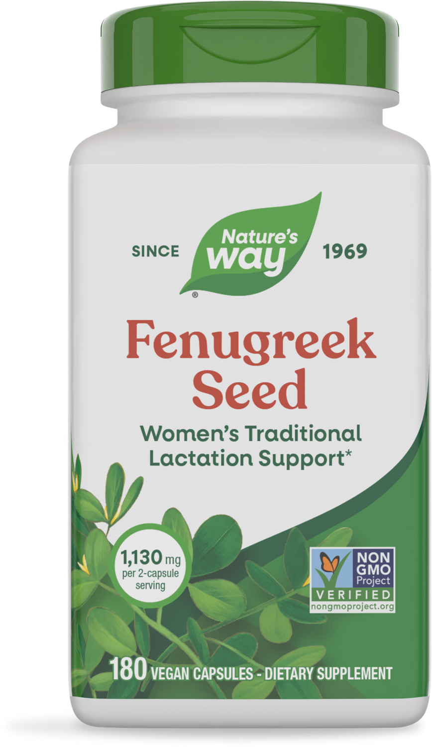 A white bottle of Nature's Way Fenugreek Seed dietary supplement features a green cap, labeling it as women's traditional lactation support with details on dosage and vegan capsules.