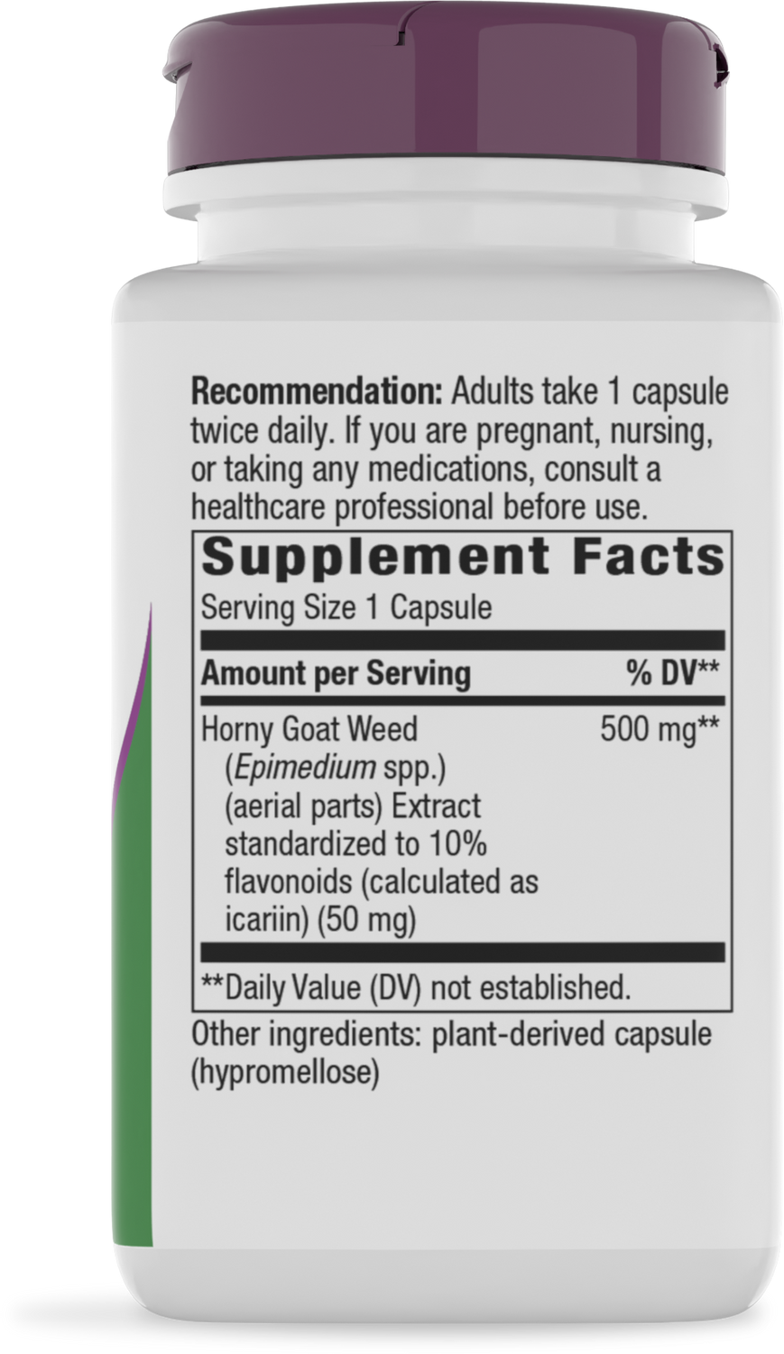 A white supplement bottle with a purple cap displays the label detailing the contents, including Horny Goat Weed extract and dosage instructions for adults.