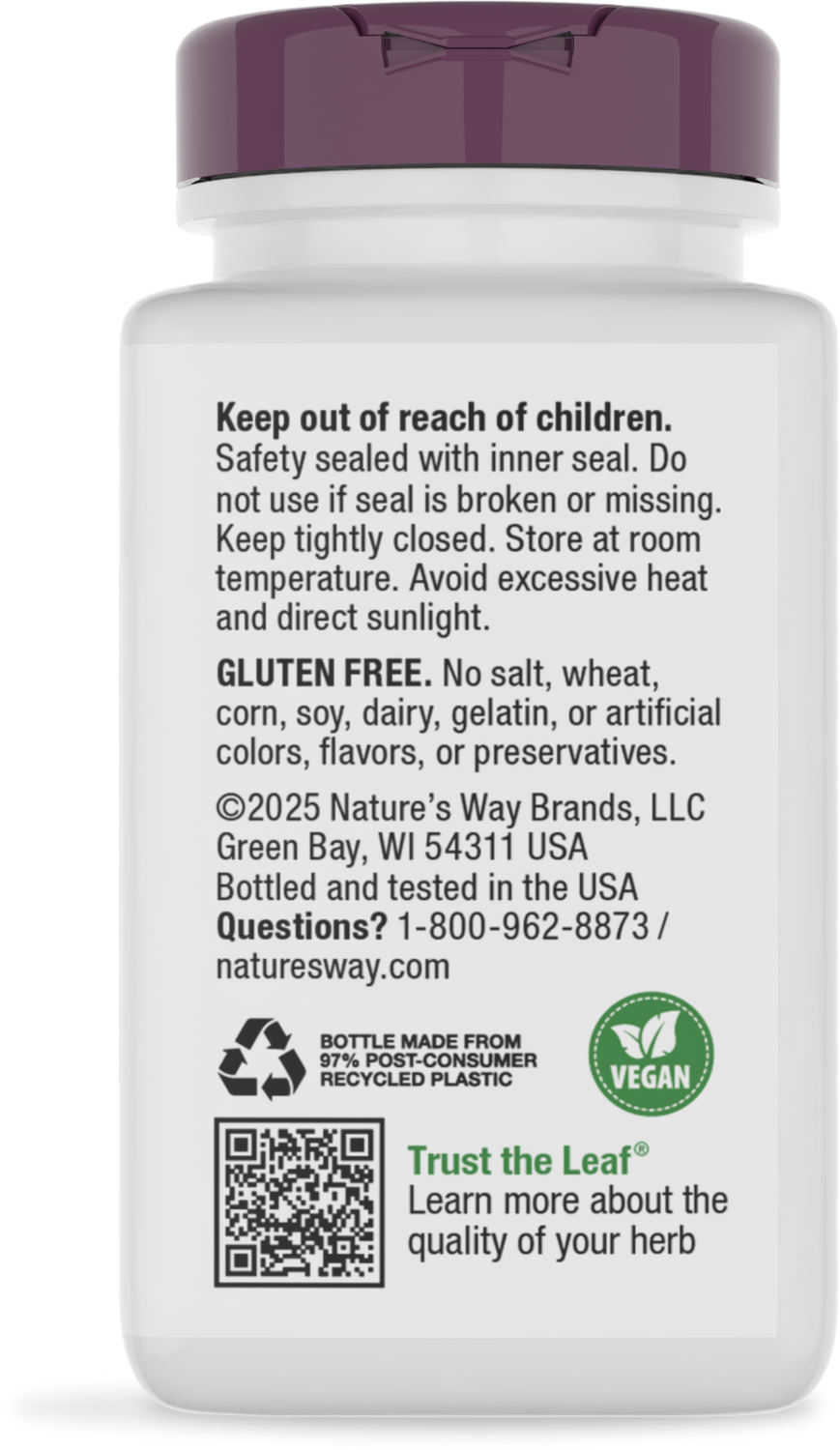 A white bottle with a purple cap displays safety instructions and product information, including gluten-free and vegan labels, along with a QR code for more details about the herb inside.