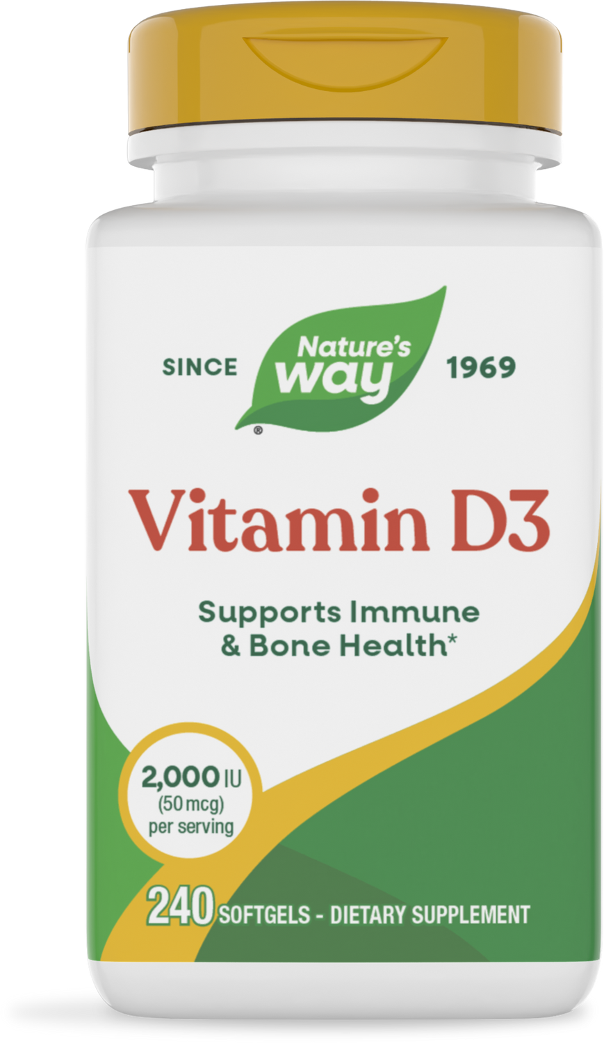 A white bottle of Nature's Way Vitamin D3 dietary supplement, featuring a gold cap, displays "Supports Immune & Bone Health," with details about dosage and quantity on the label.