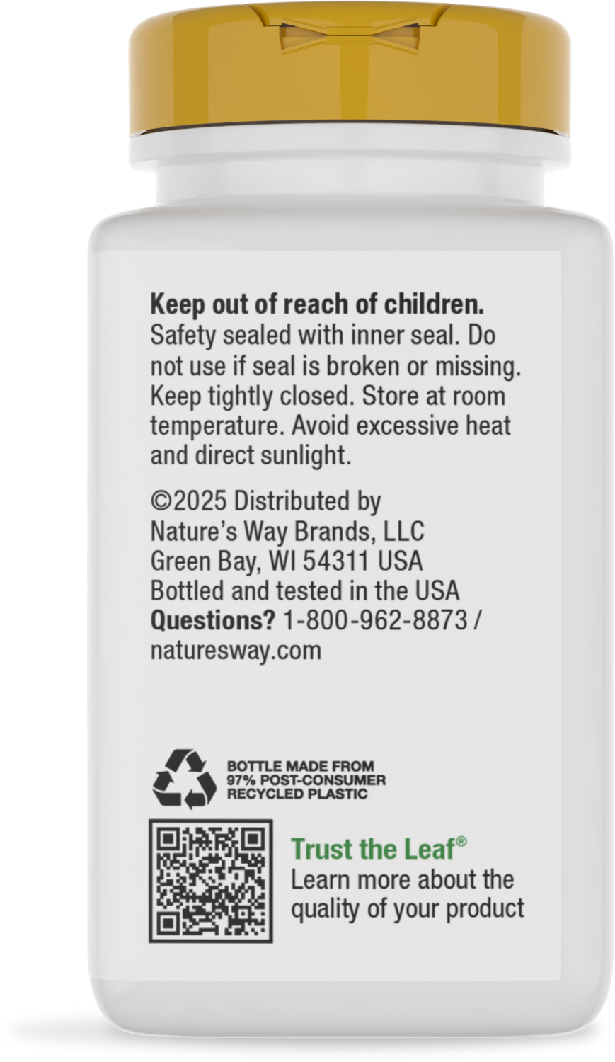 A white bottle with a yellow cap displays safety instructions, recycling information, and a QR code, indicating it contains a product distributed by Nature’s Way Brands in Green Bay, WI.