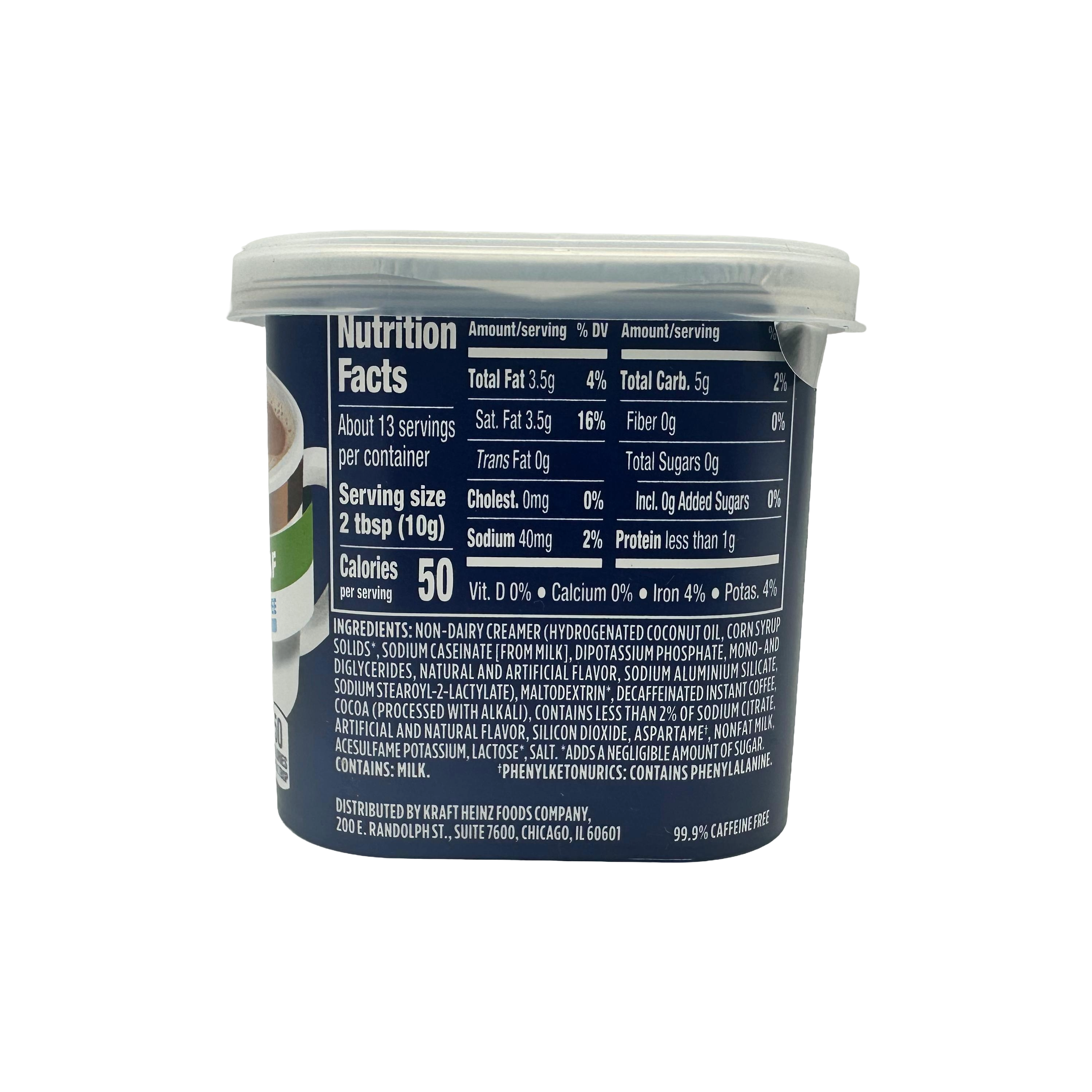A blue container with nutrition facts and ingredients for a non-dairy creamer, displaying serving size, calories, and various nutritional information, set against a black background.
