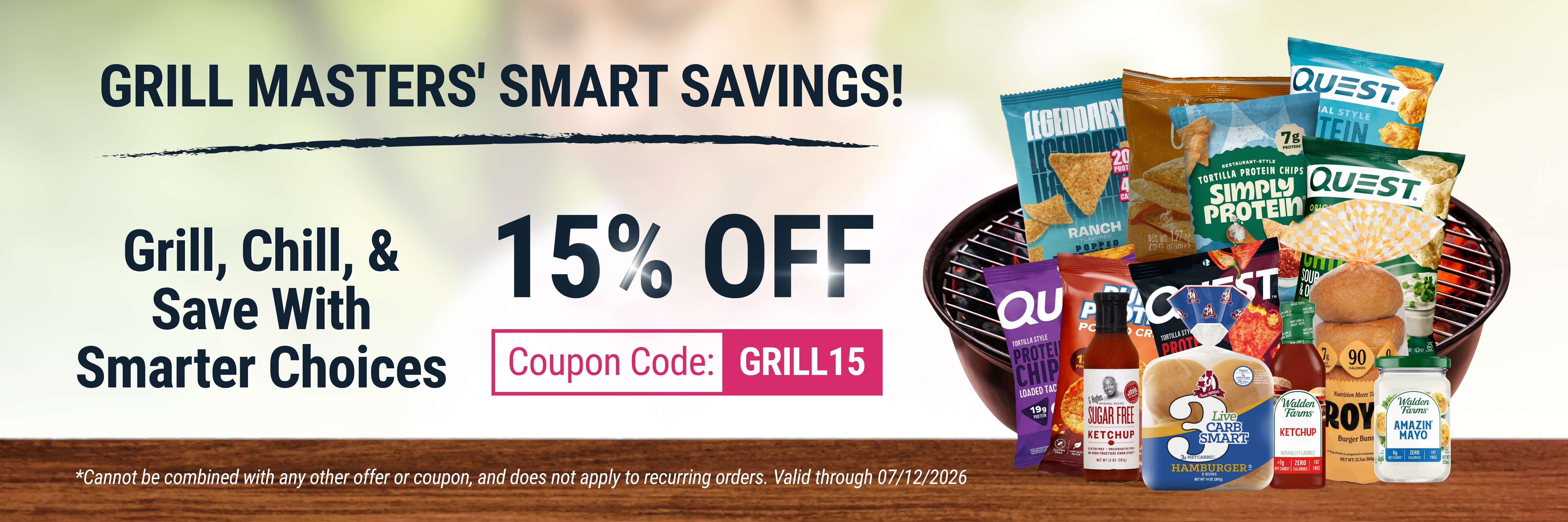 Promotional banner for 'Grill Masters' Smart Savings' with snack packages and a coupon code.