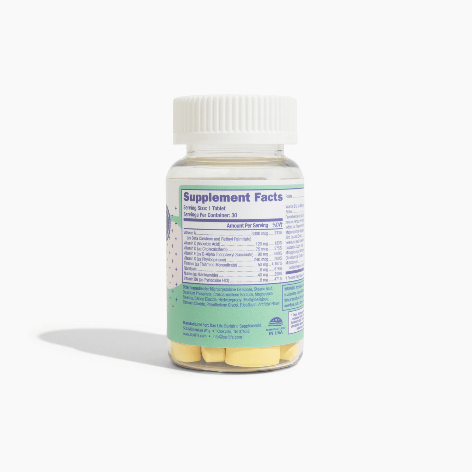A clear plastic bottle contains yellow tablets, with a label displaying detailed supplement facts, including serving size and nutritional information, set against a plain white background.