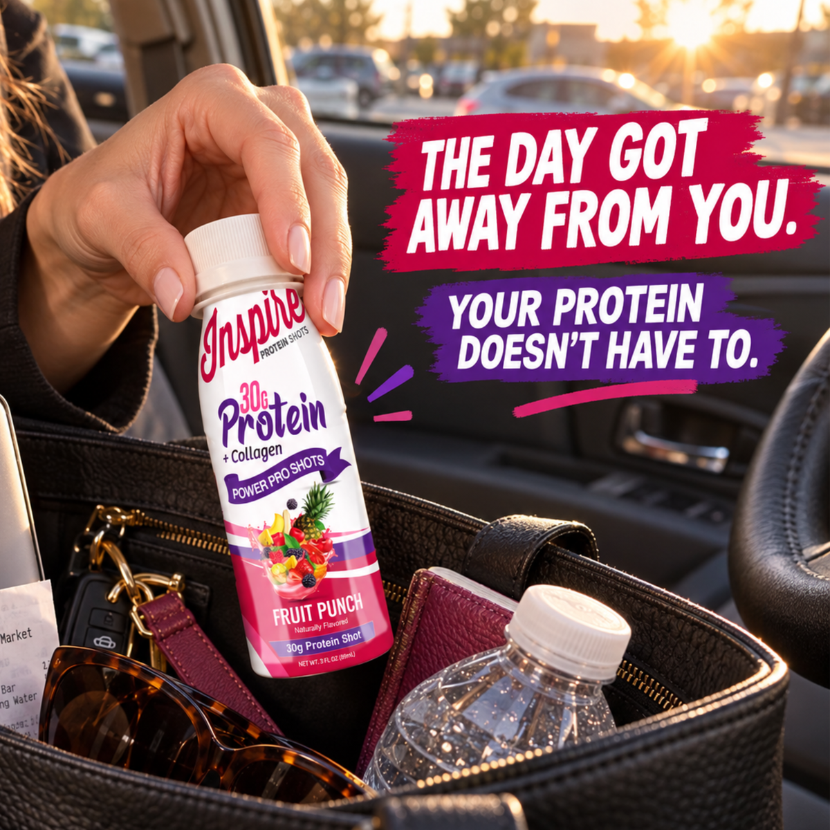 Inspire Fruit Punch + Collagen Power Shot with 30 grams of protein in a 3-fluid-ounce bottle.