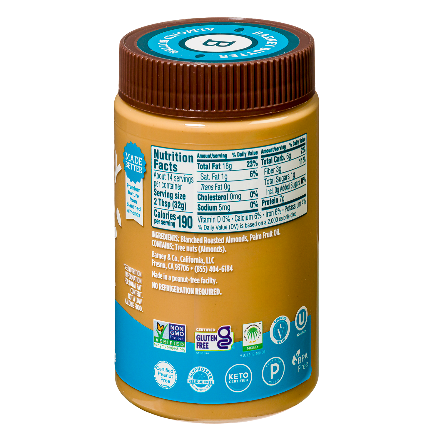 A jar of almond butter with a brown lid displays nutrition facts and ingredient information, highlighting it is gluten-free, non-GMO, and made from blanched roasted almonds.