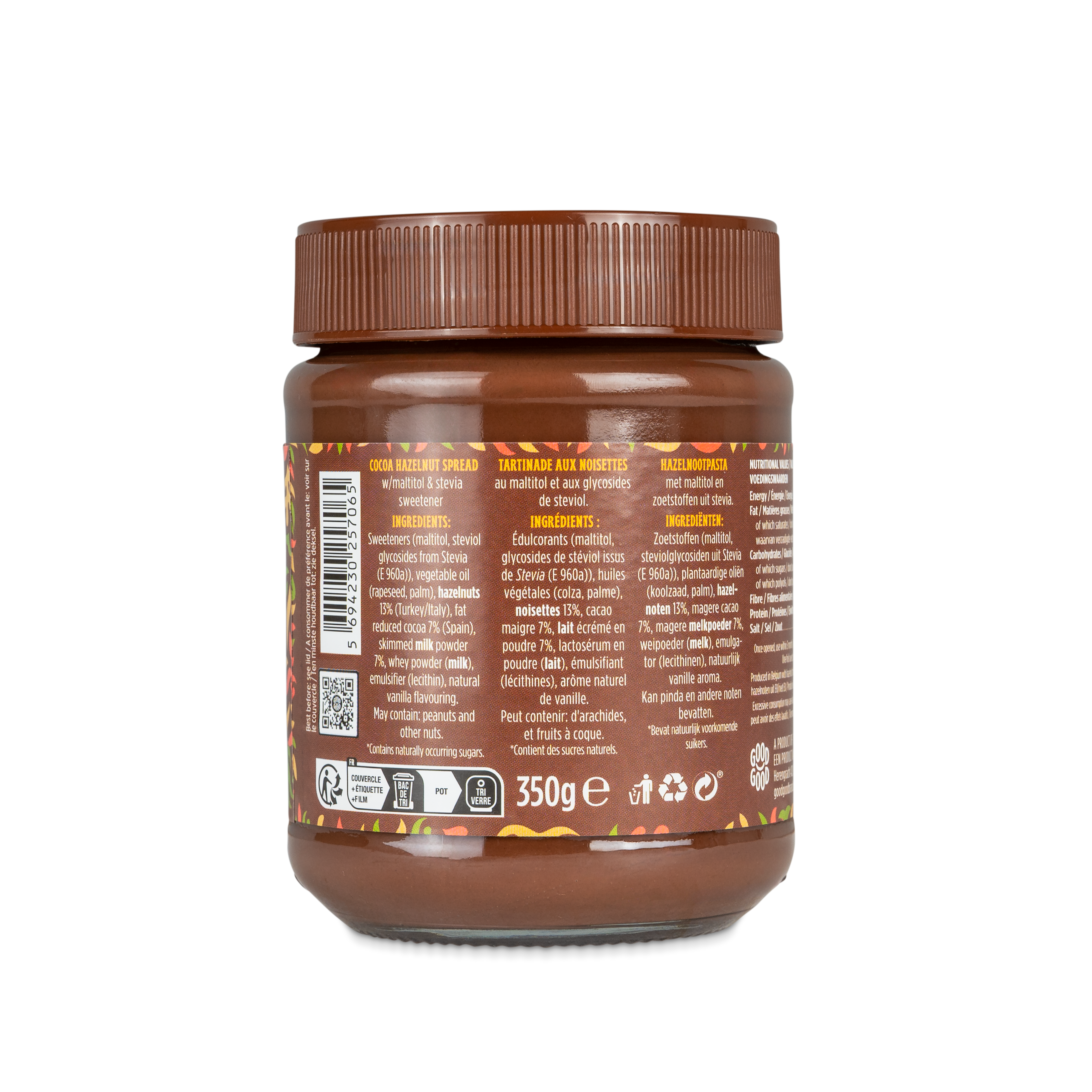 Brown jar of cocoa hazelnut spread with stevia sweetener, 350g, featuring a colorful label with ingredient details in multiple languages, including hazelnuts, cocoa, and vegetable oils.