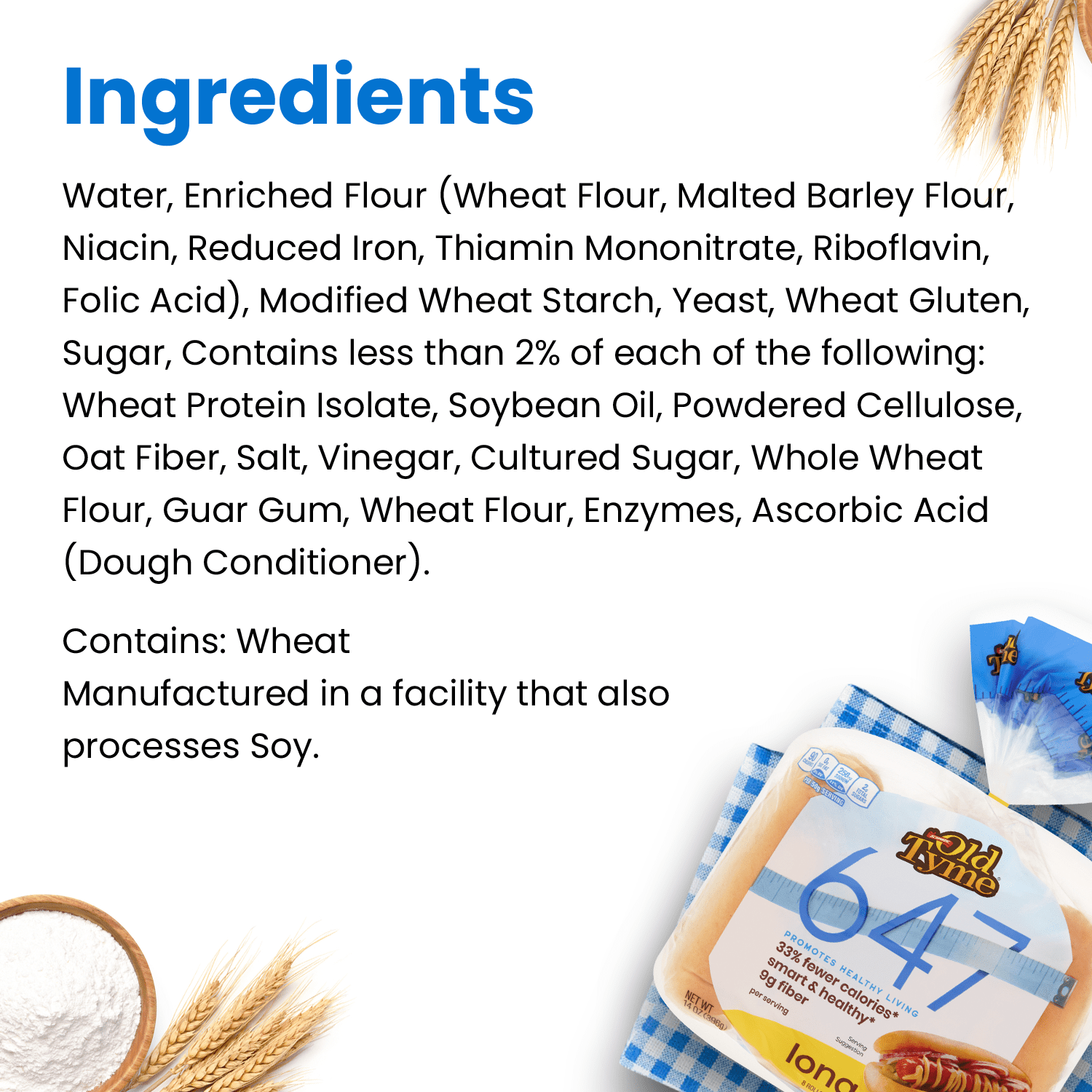 A list of ingredients for a food product is displayed alongside a package of bread, with flour and a bowl of flour in the foreground, set against a blue and white checkered tablecloth.