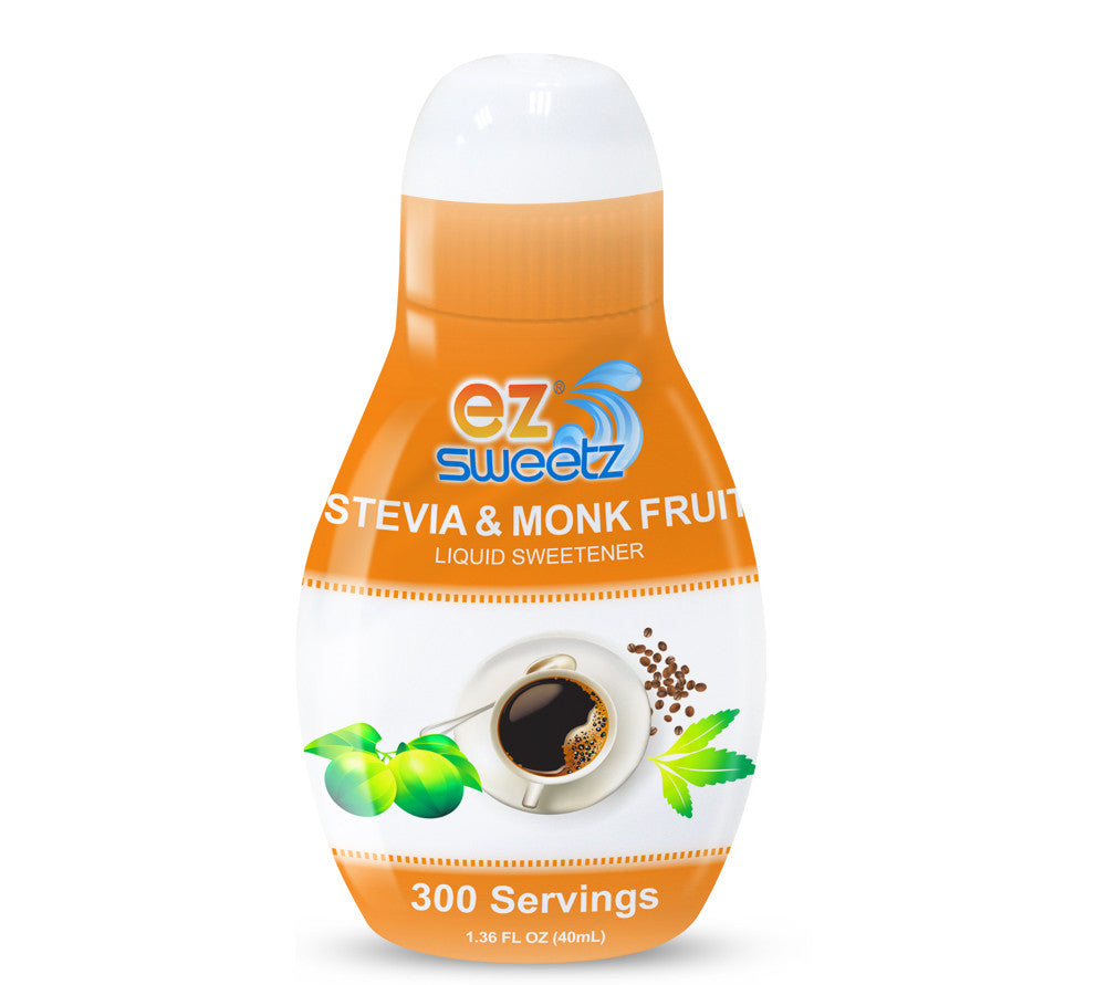 A bottle of EZ Sweetz liquid sweetener, featuring a bright orange label that highlights "Stevia & Monk Fruit," is shown alongside a cup of coffee and green leaves, indicating its natural ingredients and 300 servings.