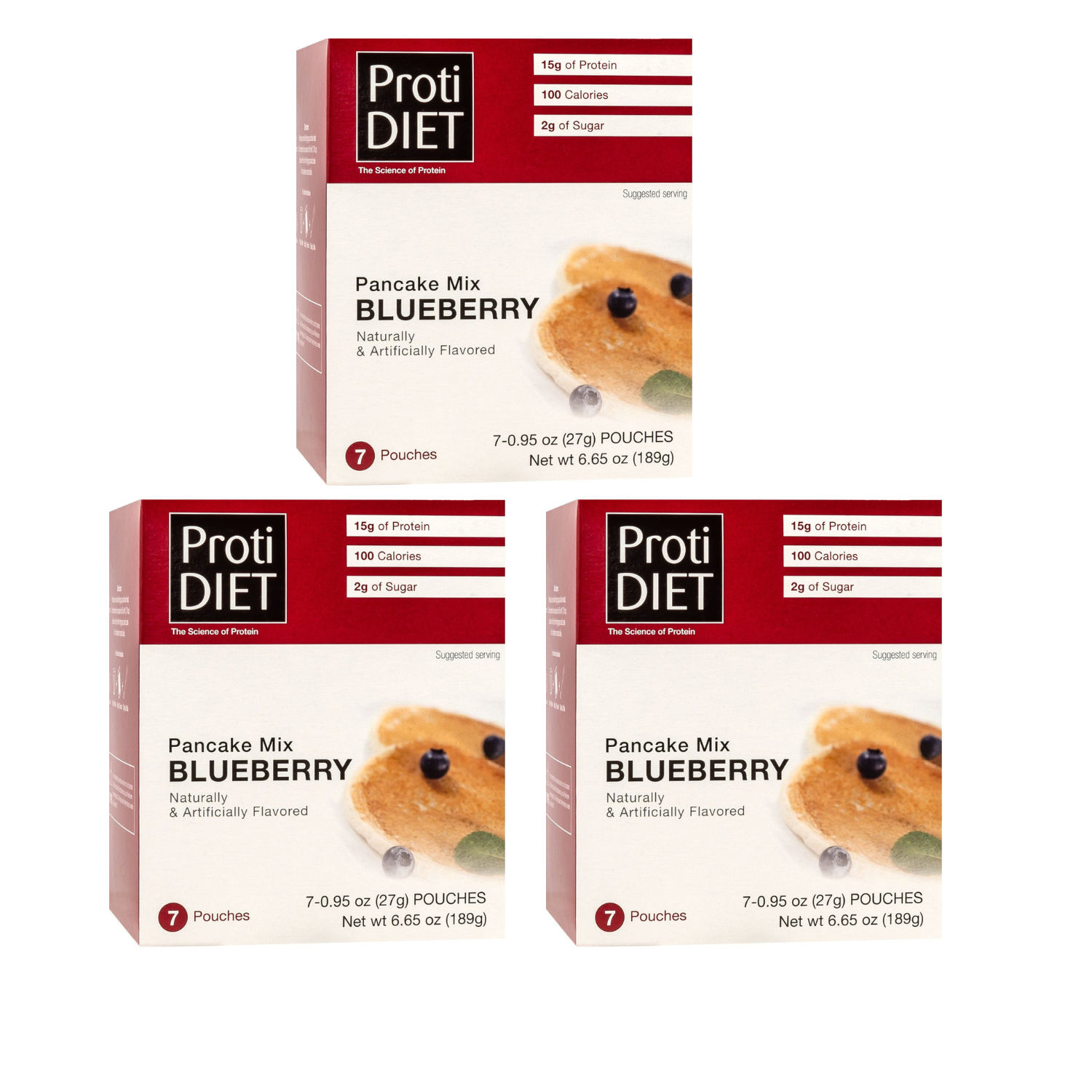 Three boxes of ProtiDIET Blueberry Pancake Mix are stacked, each displaying nutritional information and a photo of a pancake topped with blueberries, indicating a total of seven pouches per box.