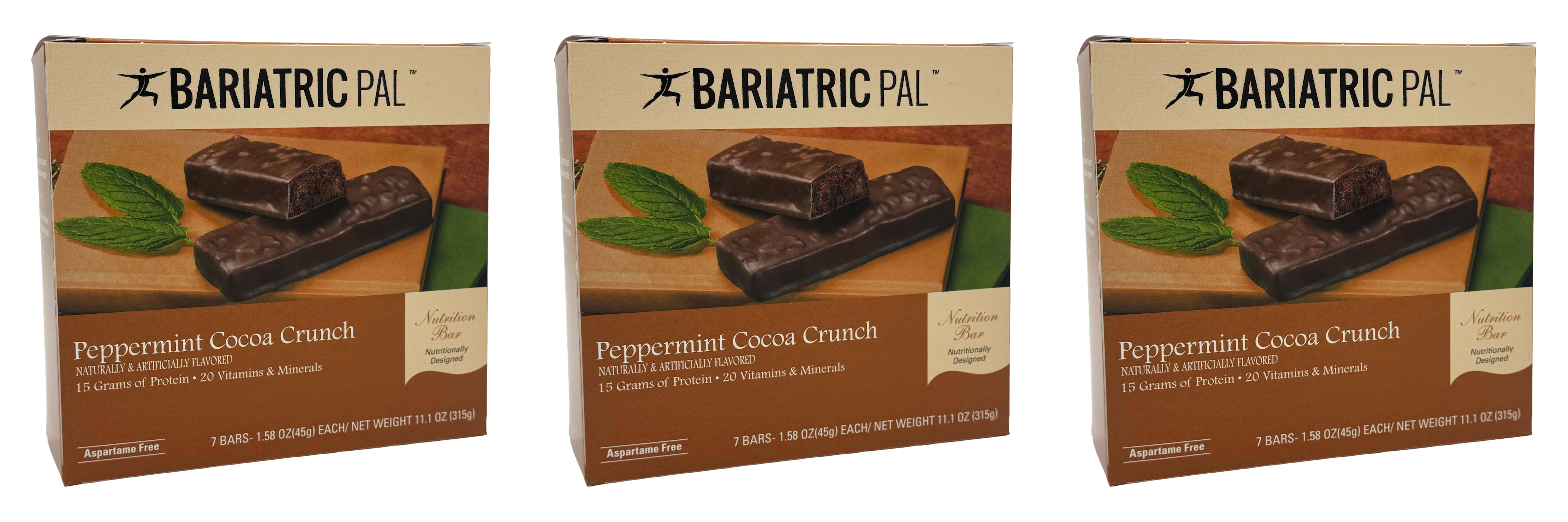 Three boxes of Bariatric Pal Peppermint Cocoa Crunch nutrition bars are displayed, each featuring a chocolate-coated bar and green mint leaves, highlighting their protein content and flavor.