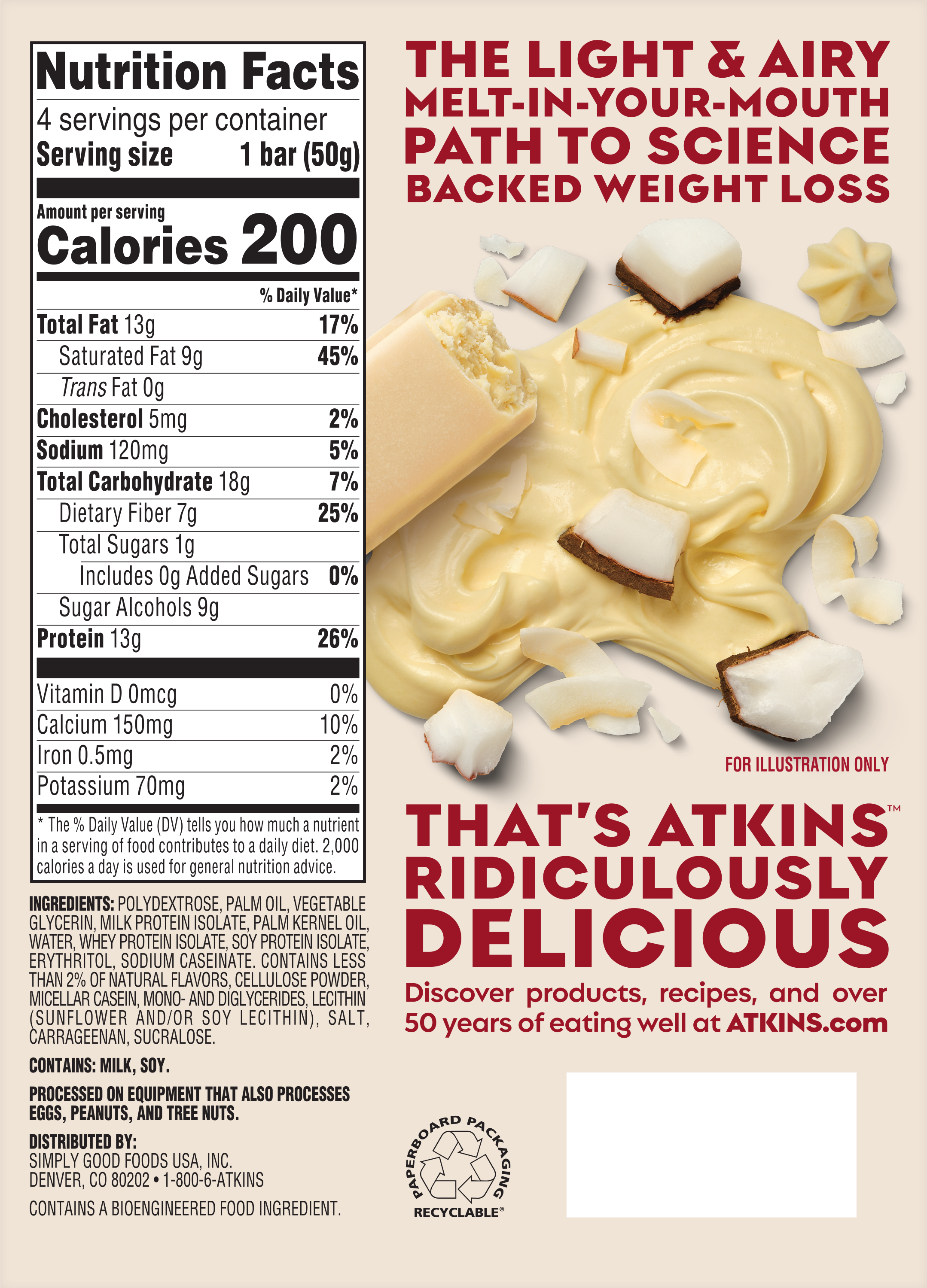 Nutrition facts label for Atkins weight loss bars, displaying serving size, calories, and nutritional content, with a creamy dessert background and promotional text highlighting its deliciousness.