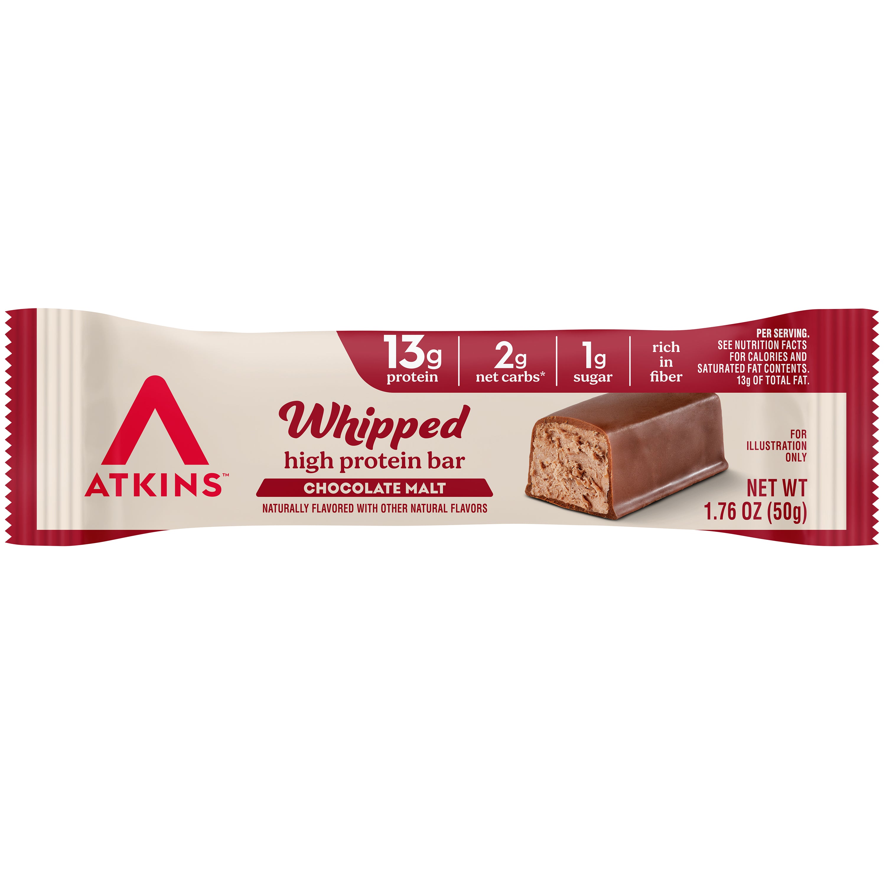 A chocolate malt flavored protein bar wrapper displays the Atkins logo, highlighting 13 grams of protein, 2 grams of net carbs, and 1 gram of sugar, with a net weight of 1.76 ounces.