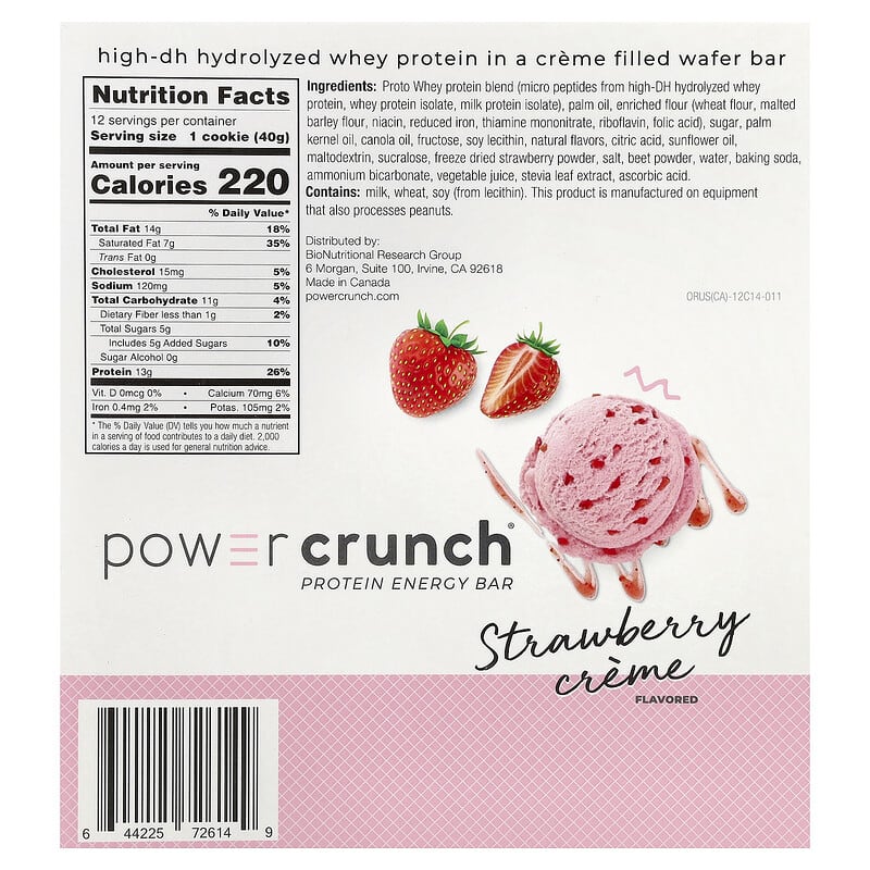 Nutrition label for Power Crunch Strawberry Crème protein energy bar, featuring calorie count, ingredients, and a pink background with strawberry illustrations and a scoop of strawberry ice cream.