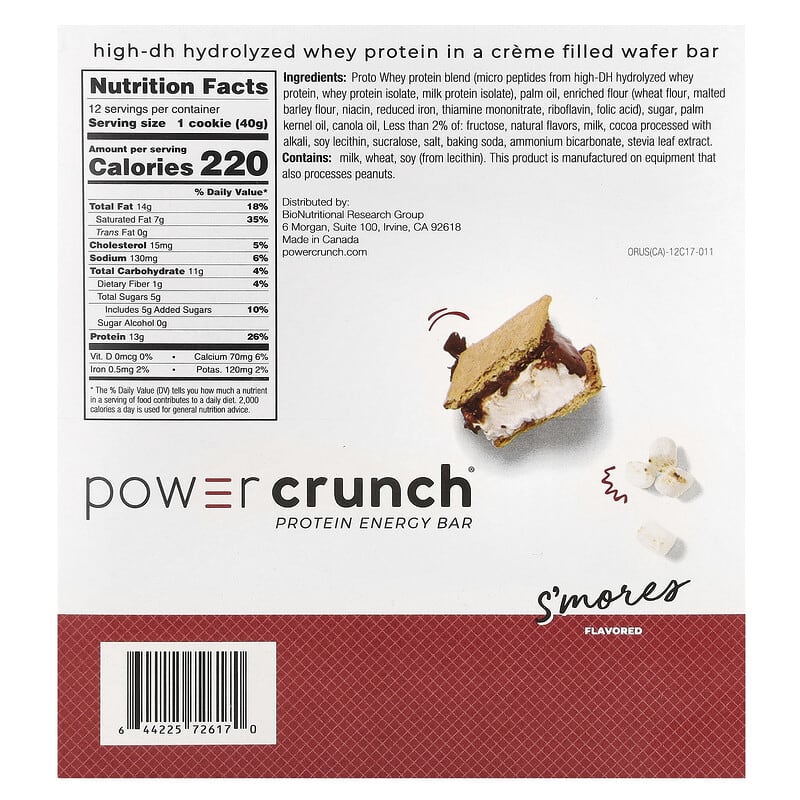 A nutrition label for Power Crunch protein energy bar in S'mores flavor, featuring ingredients, serving size, calories, and nutritional information on a red background with a visual of the bar.