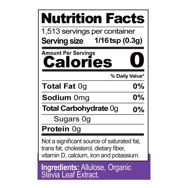 A nutrition facts label displays serving size, calorie count, and ingredient information, highlighting that the product contains zero calories, fat, sodium, carbohydrates, sugars, and protein.