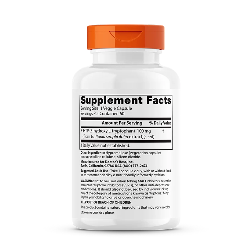 A white supplement bottle with an orange cap displays the label detailing the product's ingredients and dosage instructions for 5-HTP (5-hydroxy L-tryptophan) capsules.