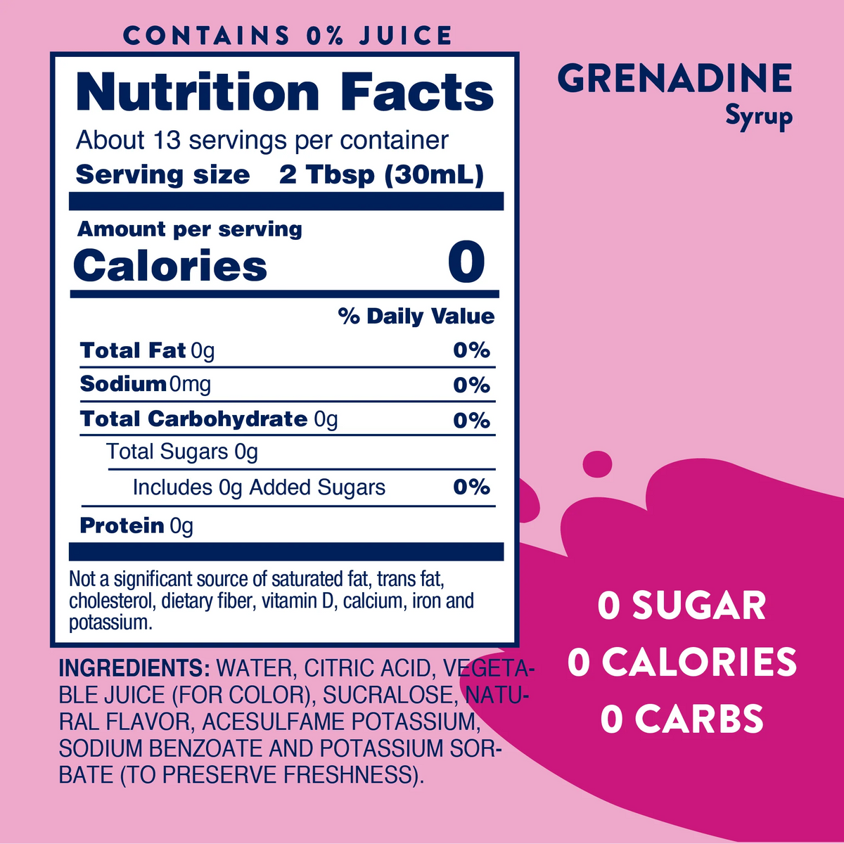 Nutrition facts label for Grenadine syrup, displaying zero calories, sugar, and carbs per serving, with a pink background and ingredient list including water, citric acid, and natural flavors.